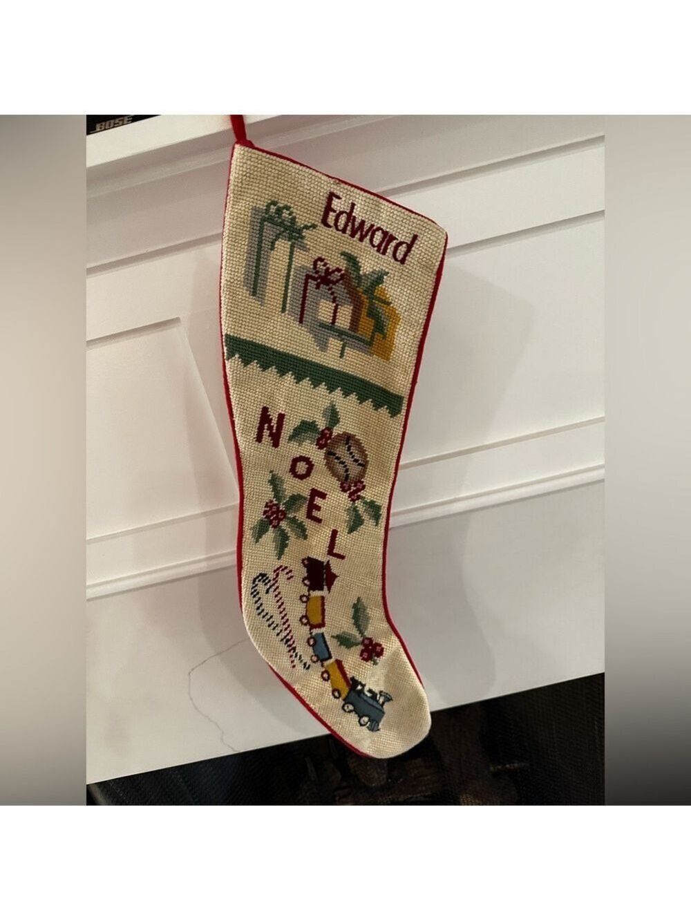 Vtg Cream Personalized Christmas Stocking for Edward with NOEL, Train Set, Gifts